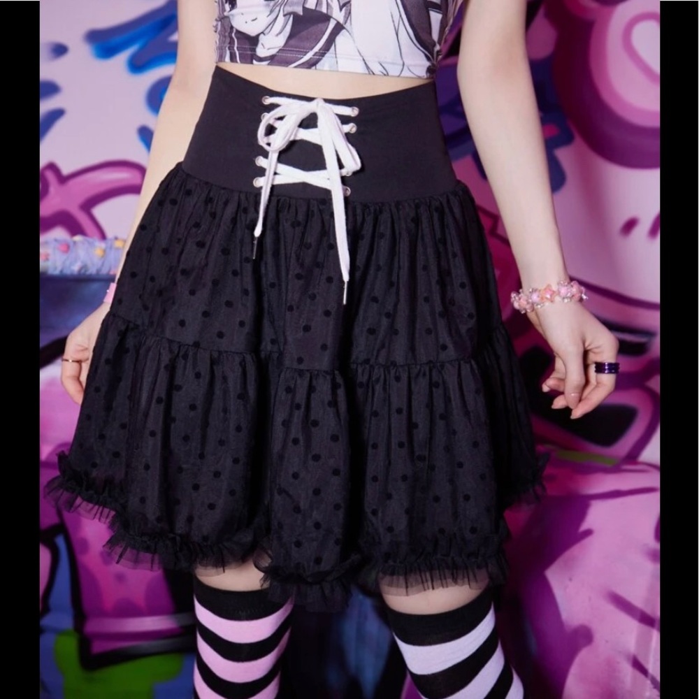 {NWT} Anime Lace Up Contrast Polka Dot Mesh Skirt 6